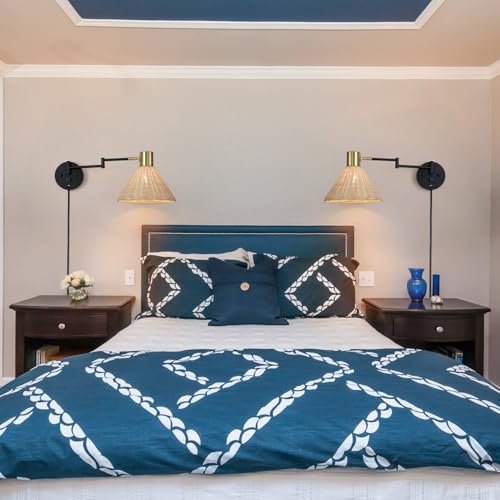 Plug in Rattan Wall Sconce Swing Arm Wall Lamp with USB Port and Dimmer Switch Hand-Woven Boho Rattan Wall Mounted Lamp Suitable for Hallway Bedroom Living Room.Balck - color: Black+Rattan Shade