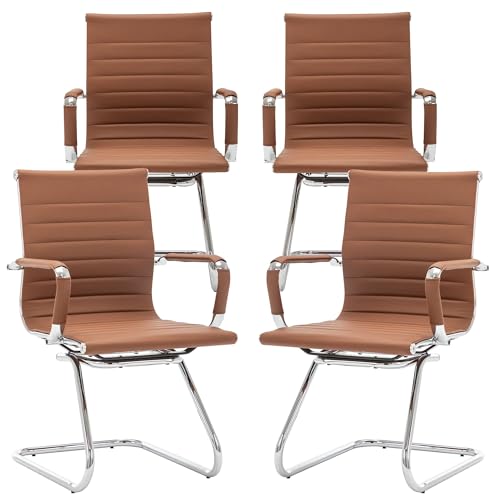 Conference Room Chairs Set of 4, Waiting Room Chairs with Arms, Faux Leather Reception Chairs No Wheels, Office Guest Chairs with Mid Back Support and Chrome Sled Base, Cafe - color: Cafe, size: 4PCS