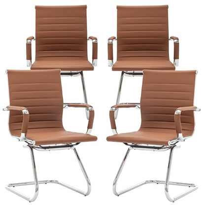 Conference Room Chairs Set of 4, Waiting Room Chairs with Arms, Faux Leather Reception Chairs No Wheels, Office Guest Chairs with Mid Back Support and Chrome Sled Base, Cafe - color: Cafe, size: 4PCS