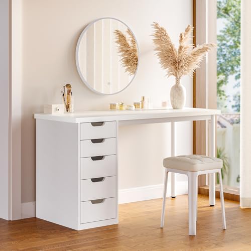 LITTLE TREE Computer Desk with 5 Drawers, 47 Inch White Modern Simple Study Writing Desk with Metal Frame, Work Desk for Home Office - color: White