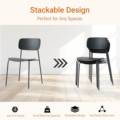 Sidanli Stackable Chairs Set of 4, Waiting Room Chairs with Metal Legs and Ergonomic Plastic Seat, Stacking Office Chairs for Conference Reception Church Banquet, Black - color: Black
