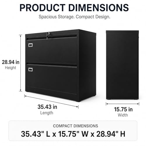 2 Drawer Lateral File Cabinet with Lock, Metal Filing Cabinet for Legal Letter and A4 Files, Black Cold Rolled Steel Office Storage Cabinet, Compact Lockable File Organizer - size: 2 Drawers