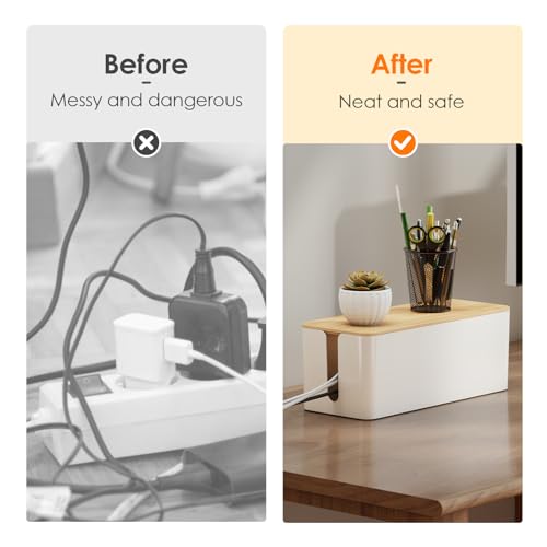 Delamu 2 Pack Cable Management Box Wooden, Wood Box with Lid Safe ABS Cord Hider Box Medium and Small Cable Organizers for Cords, Cable Raceways Power Strip Cover Box Baby Pet Proof for Home Office