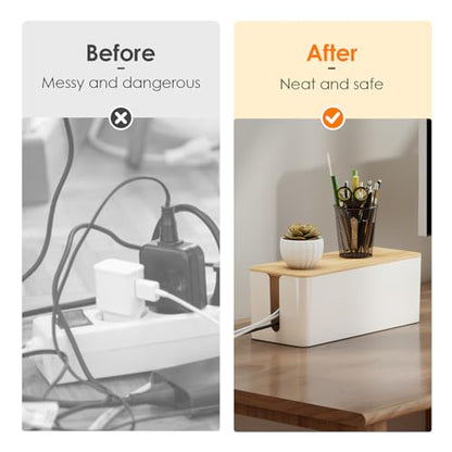 Delamu 2 Pack Cable Management Box Wooden, Wood Box with Lid Safe ABS Cord Hider Box Medium and Small Cable Organizers for Cords, Cable Raceways Power Strip Cover Box Baby Pet Proof for Home Office