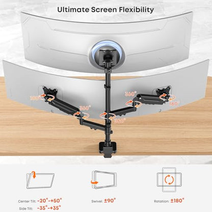 Triple Monitor Mount up to 49 inches, Fully Adjustable Gas Spring Arm | Heavy Duty, Cable Management, Ultrawide/Curved/Flat Monitors, C-Clamp & Grommet Base, Holds 44 lbs,75/100mm VESA, Black - size: Up to 49 Inch