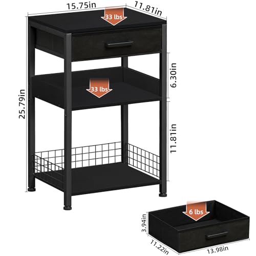 Lerliuo Printer Table with Storage, 3-Tier Printer Stand, Pure Black | Fixed-leg three-tier printer stand with fabric drawer and two shelves for paper, ink, office supplies and compact scanners - color: Pure Black
