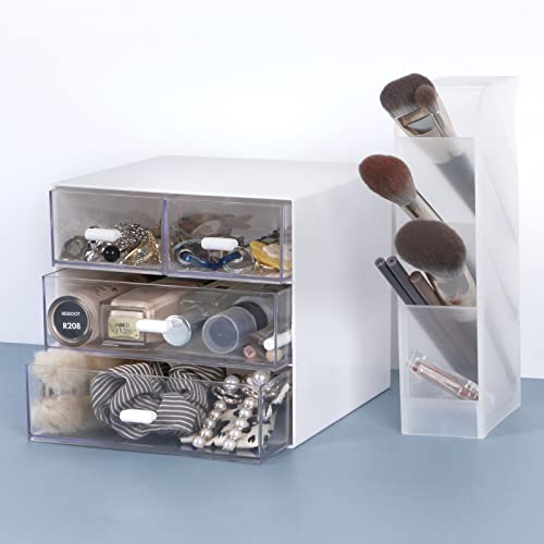 Desk Organizer with Drawer, Office Organizer with 4 Drawers, Desk Storage Box for, Desktop, Dressing table, Office, School, Home, Plastic Box and 4 Acrylic Drawers(White) - color: White