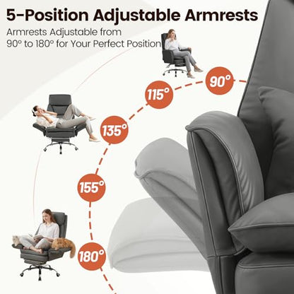 Big and Tall Office Chair, Executive Reclining Computer Gaming Chair with Foot Rest, Flip Armrest & Lumbar Pillow, Thicken Wider Seat for Criss Cross Legged Sitting, Desk Chair, PU, Grey - color: Grey