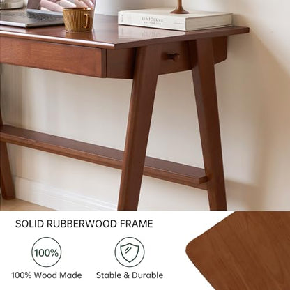 100% Solid Wood Desk Home Office Desk Mid Century Modern Rubberwood Writing Computer Desk with Drawer for Home Office 47" W - color: Teak-rubberwood, size: 47"W