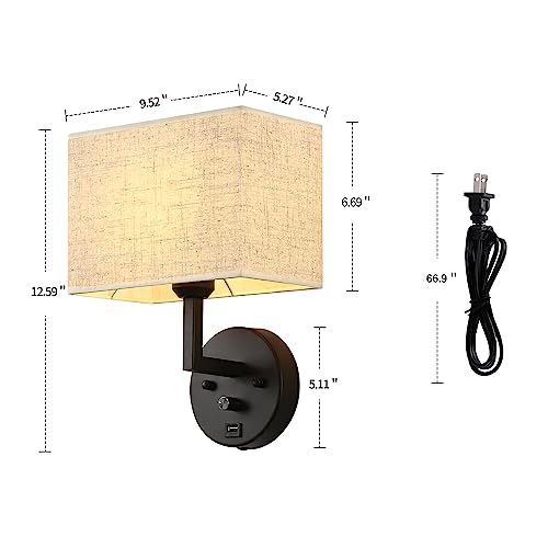 Plug in Wall Sconce with Dimmer Switch and USB Port，9.5“Rectangular Linen Fabric Shade，Bedside Wall Lamp Matte Black Finish，Wall Lamp Perfect for Bedroom, Living Room and Hotel. E26 Base - color: Black