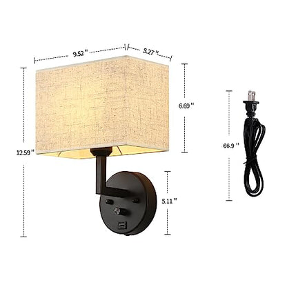 Plug in Wall Sconce with Dimmer Switch and USB Port，9.5“Rectangular Linen Fabric Shade，Bedside Wall Lamp Matte Black Finish，Wall Lamp Perfect for Bedroom, Living Room and Hotel. E26 Base - color: Black