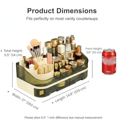 Makeup Organizer Countertop with Dual Drawers, Large Capacity Cosmetic Storage for Vanity Bathroom Skincare, 360° Rotating Makeup Brush Holder - color: green