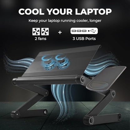 WorkEZ Cooling Adjustable Laptop Stand for Desk w/Fan USB Ports Mouse Pad Ergonomic Foldable Laptop Stand Riser Portable Computer Holder, Black | WorkEZ Cool laptop stand for desk, with adjustable height, tilt and a removable mouse pad. Also works in bed