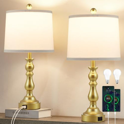 Gold Table Lamps Set of 2, Gold Lamps for Bedroom, USB C+A Ports - color: F. White Shade & Gold Base
