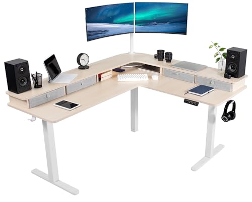 VIVO Corner Standing Desk - color: Light Wood Top / Black Frame, size: 63" x 55"