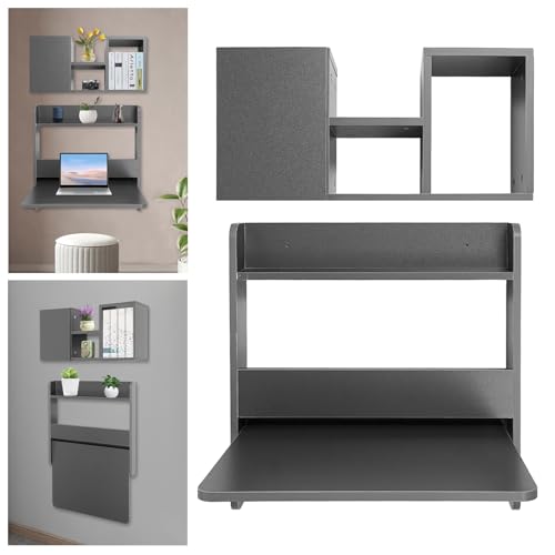 Folding Wall Mounted Desk, Fold Down Table with Storage Shelves, Wall Mounted Laptop Desk, Space Saving Table for Laptop, Multifunctional Computer Workstation for Home Office Dormitory (Grey) - color: Grey