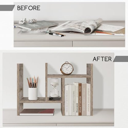 Jerry & Maggie Desktop Organizer Office Storage Rack Adjustable Wood Display Shelf Free Style Double H, Multi-Functional Mini Bookshelf for Desk Natural Stand (Gray Oak) - color: Gray Oak