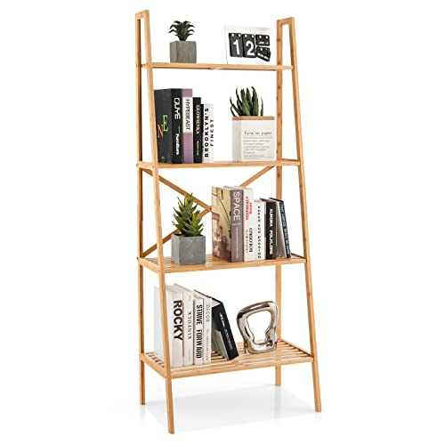 Giantex 4-Tier Bamboo Bookshelf, Multifunctional Storage Display Rack Shelves with Anti-Tipping Device, Natural Bamboo Ladder Shelf for Home Office Kitchen Bathroom - color: Natural