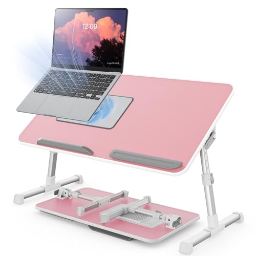 Laptop Desk for Bed with Cooling Fan, Height & Angle Laptop Stand - color: Pink