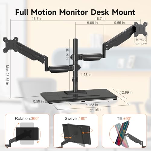 Pholiten Dual Monitor Stand with Wooden Base | Gas Spring Height Adjustable Arms, Each Holds 32 Inch Screen up to 22lbs, VESA Mount 75x75/100x100mm, Tilt/Swivel/Rotate - style: dual arms with pole