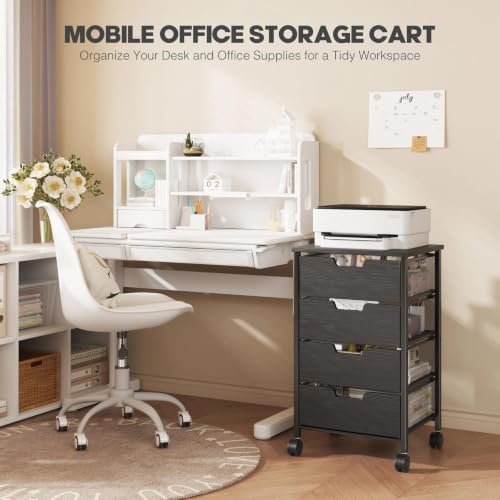 Rolling Cart with Drawers, Wooden Top and Front | Metal Under Desk Storage Cart with 4 Drawers and Wheels, for Office, Bedroom, Classroom, Home, Black - color: Black
