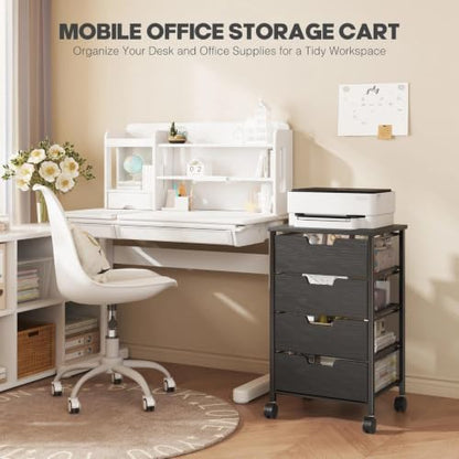 Rolling Cart with Drawers, Wooden Top and Front | Metal Under Desk Storage Cart with 4 Drawers and Wheels, for Office, Bedroom, Classroom, Home, Black - color: Black
