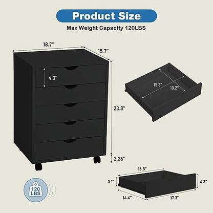 OLIXIS 5 Drawer File Cabinet with Wheels, Under Desk Storage Printer Stand - color: Classic Black, size: 5 Chest