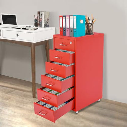 6 Drawers File Cabinet with Lock Rolling Mobile Filing Cabinet with Wheels Under Desk Vertical Filing Cabinet for Office/Home Metal (Red) - color: Red