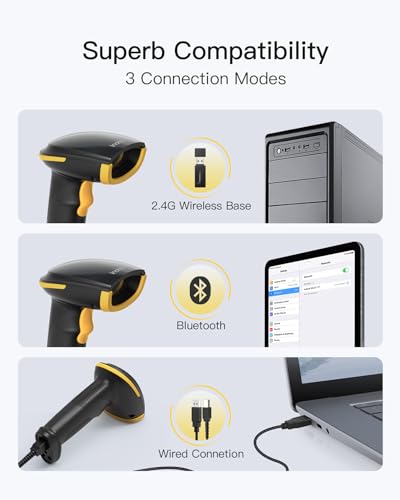 Inateck 1D Barcode Scanner, Wireless Bluetooth Handheld, 2000mAh Battery | USB Wired Mode, APP & SDK Configuration, 3-Month Battery per Charge, Reads Damaged & Dirty 1D Barcodes - style: Scanner