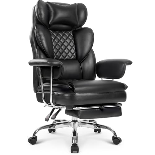 NEO CHAIR Big & Tall Leather Office Chair, High Back, Lumbar Support, Black | Gaming Chair for Adults and Computer Use, Reclining Office Chair with Foot Rest, Comfy Design and Heavy Duty Support - color: Black