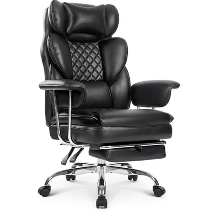 NEO CHAIR Big & Tall Leather Office Chair, High Back, Lumbar Support, Black | Gaming Chair for Adults and Computer Use, Reclining Office Chair with Foot Rest, Comfy Design and Heavy Duty Support - color: Black