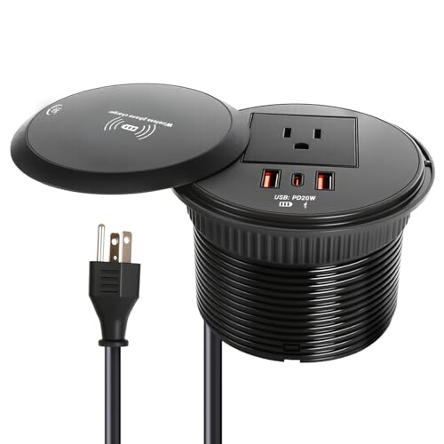 Desk Power Strip with 15W Wireless Charger, PD 20W USB-A, QC 3.0 USB-C Fast Charging Embedded Power Outlet, Recessed Power Outlet with AC outlets and 6FT Cord - color: black