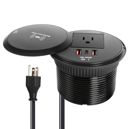 Desk Power Strip with 15W Wireless Charger, PD 20W USB-A, QC 3.0 USB-C Fast Charging Embedded Power Outlet, Recessed Power Outlet with AC outlets and 6FT Cord - color: black