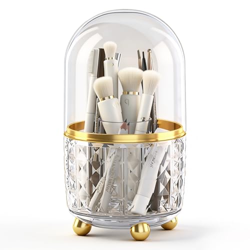 GOTOBA 360° Rotating Pencil Holder for Desk, Makeup Brush Holder with 6 Slots, Desk Organizer for Writing Utensil, Office and School Supplies (Clear with cover) - color: Clear with cover