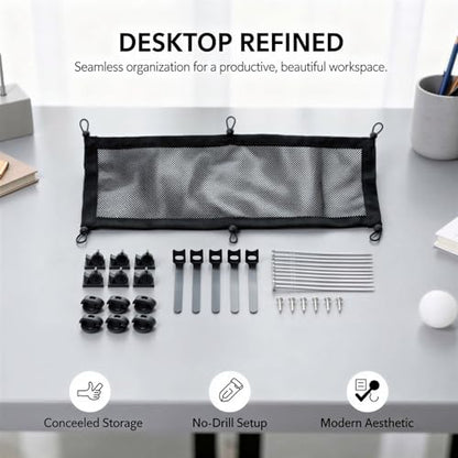 Under Desk Cable Management Net, Black Polyester Storage Pouch for Power Strips, Hidden Wire Organizer with Adhesive Mount, Cord Clip Accessories for Desktop Tidy Up, 25.2 x 9.8 in