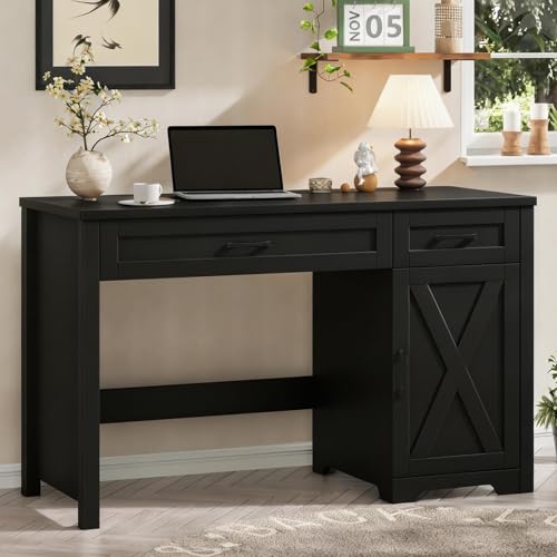 Halitaa Executive Desk with Storage Cabinet, Pure Black | Farmhouse 47" Computer Desk with Drawers, Workspace for Home Office and Study - color: Pure Black, size: 47''W with Drawers