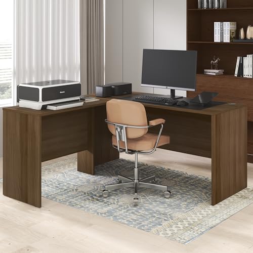 Furinno Roger 60 Inch L-Shaped Office Desk, Executive Desk with Reversible Desk Return, Modesty Panel, Desk Cord Grommet, Scratchproof, for Home Office, Modern Walnut - color: Modern Walnut, size: 60" Wide, L-shape
