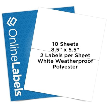 OnlineLabels 8.5" x 5.5" Labels - Weatherproof Polyester - 10 Sheets - size: 10 Sheet Pack