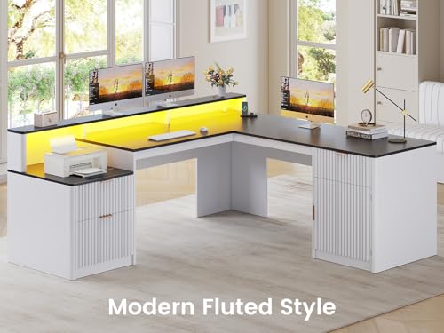 SEDETA 66" Modern L Shaped Desk with Drawers, Fluted Home Office Desk with File Cabinet and Printer Shelf, Wood Executive Desk with Monitor Stand, Led Lights, Power Outlets, White - color: White, size: L Shaped Desk