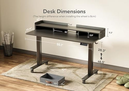 Claiks Standing Desk with Drawers & Wheels, 2 Height Shelf 55inch Black - color: Black, size: 55.1×23.6