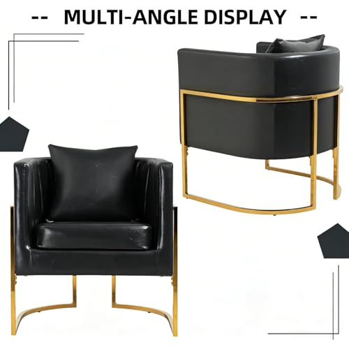 PU Leather Accent Chair, Modern Barrel Arm Chair for Living Room/Bedroom/Guest Reception, Upholstered Club Armchair with Pillow & Gold Base, Black - color: Black-leather, size: 1 PC