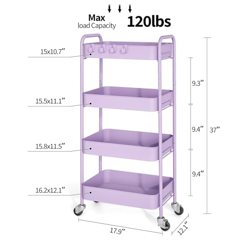 TOOLF 4 Tier Metal Rolling Cart, Utility Storage Cart with Wheels, Purple | Screwless Assembly, Lockable Metal Wheels, Trolley Organizer for Bathroom, Kitchen, Office, Dorm, Laundry, Craft Room - color: Purple, size: 4-Tier