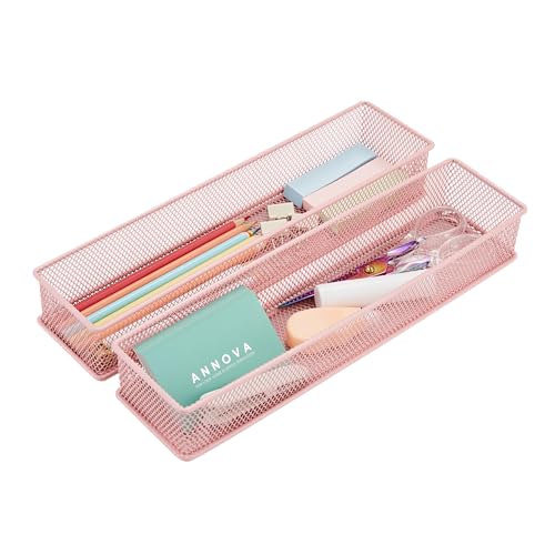 Annova Mesh Stackable Drawer Cabinet and Shelf Organizer Bins Storage Basket School Office Supply Holder Tray- Set of 2 (Light Pink, 3x12x2 Inch) - color: Light Pink, size: 3x12x2 Inch