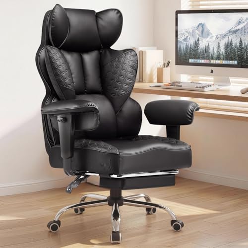 COMHOMA Big and Tall Office Chair Heavy Duty Gaming Chair with Deluxe Embossing Leather High Back Wider Ergonomic Computer Chair with Foot Rest 145°Reclining Pocket Spring Lumbar Support - color: Matte Black