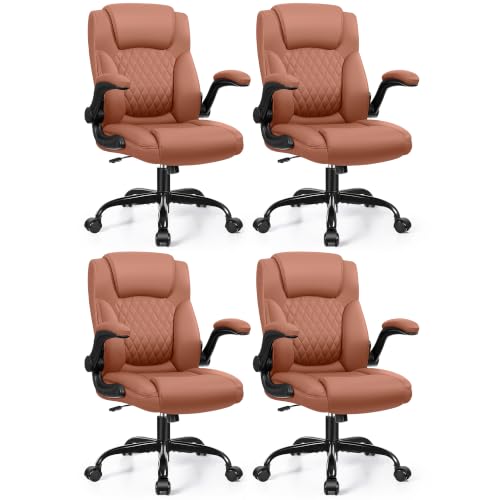 Leather Office Chair, PU Home Computer Desk Chairs with Ergonomic Back Support, 360°Swivel Free，Small Gaming Chair with Wheels and Adjustable Armrests, for Short People Use - color: Brown, size: 4 Pack