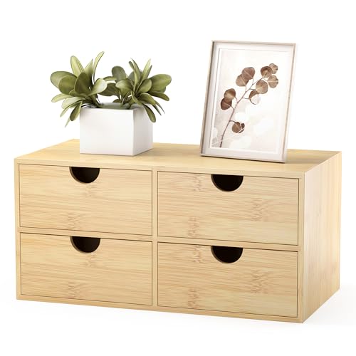 Bamboo Desk Organizer with Drawers, Desktop Storage Box for Office Supplies | 4 Drawers Desktop organizer, No Assembly Required, Natural Wood Wooden Desktop Drawers for Bills, Cosmetics, Seals, Paper - color: Natural-4 Drawers, size: 12.99”L x 7.48”W x 6.