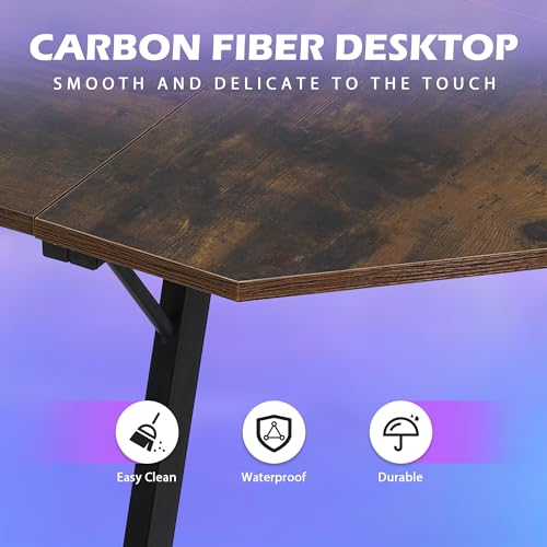 Gaming Desk L Shaped Desk, 50.4” Large Desk Computer Desk with Shelves & Carbon Fiber Desktop, Wood Desk Table Computer Table Writing Desk Work Desk pc desk for Bedroom Office Dorm Small Space, Brown - color: Brown