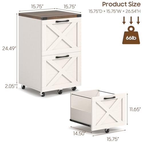 Halitaa Farmhouse 2 Drawer Small File Cabinet with Wheels, White and Brown - color: White and Brown, size: 2 Drawer