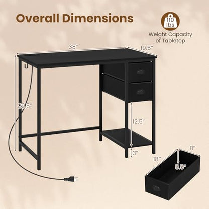 GIANTEX Computer Desk with Charging Station, 38" Home Office Desk w/ 2 Fabric Drawers, Storage Shelf & Headphone Hook, Industrial Study Work PC Table, Writing Desk for Small Spaces (Black) - color: Black