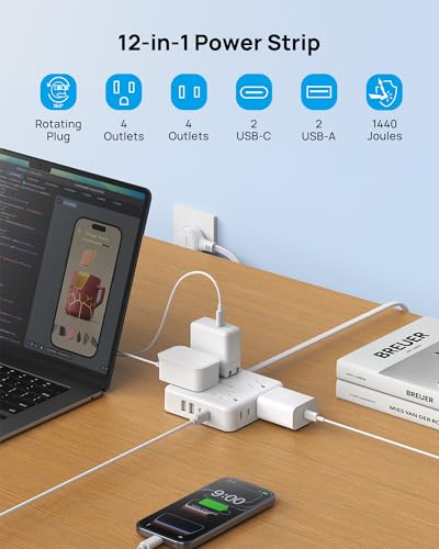 TROND 360° Rotating Flat Plug Power Strip 3ft, 8 AC & 4 USB (2U2C), White - color: White, size: 3FT, style: Rotating Plug-2U2C
